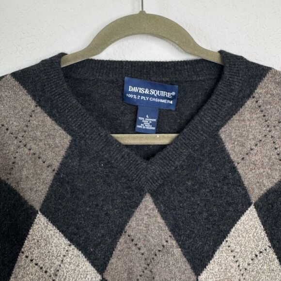 Davis & Squire Men’s Sz L 100% Cashmere Argyle V-Neck Sweater Pullover Grandpa - Picture 3 of 4